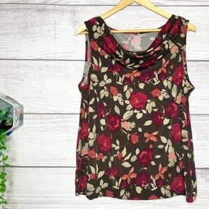 Croft & Barrow Red & !Brown Fall Floral Cowl Neck Sleeveless Blouse Top Size XL